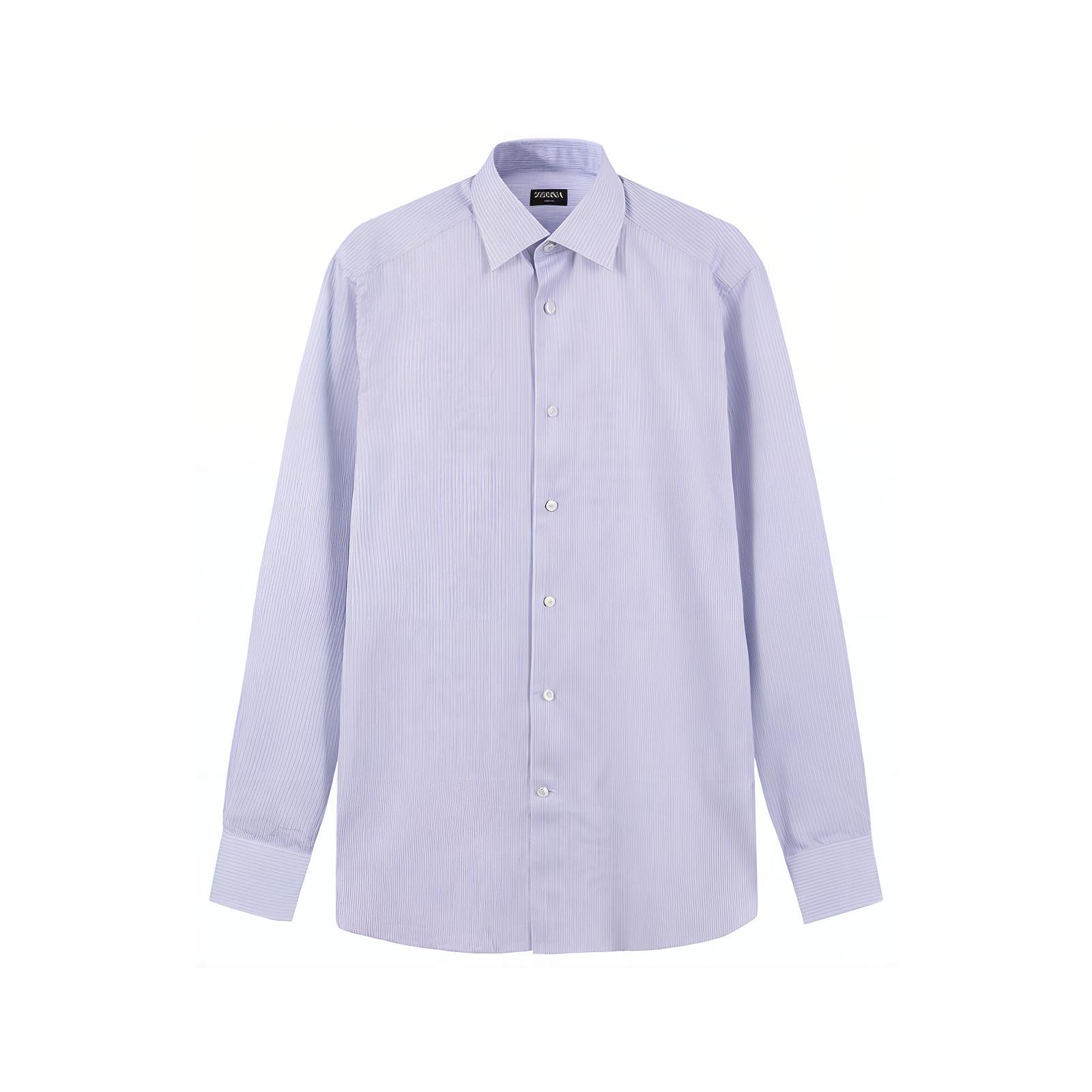 Zegna SS24  White Striped Long Sleeve Shirt with Blue Accents 70104-2A79MS-0JI