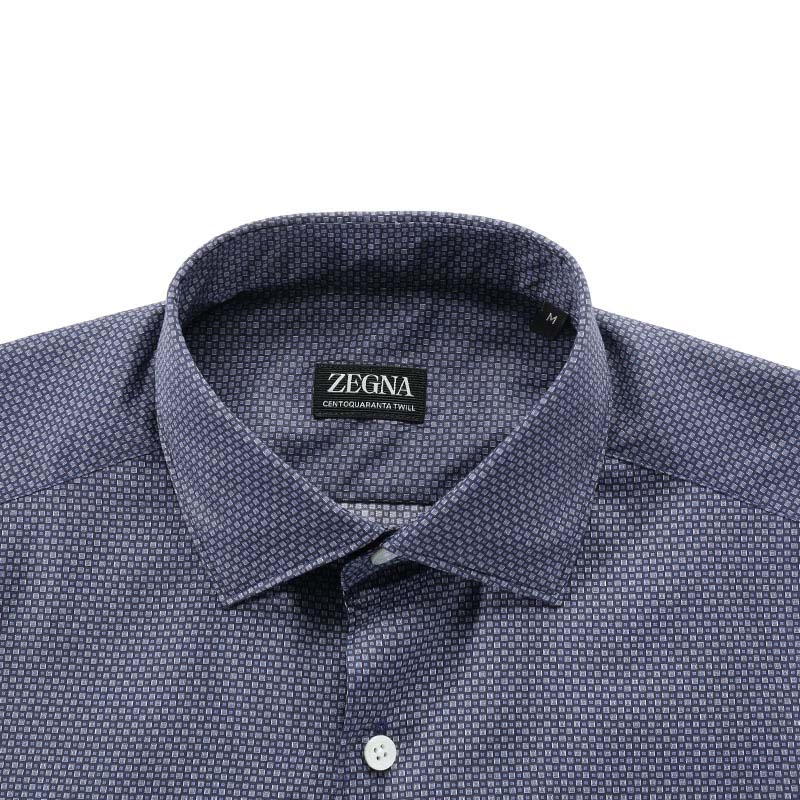 Shop Zegna SS24 格紋印花長袖襯衫 海軍藍 UCX05-A6SRF5-612