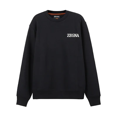Zegna SS24 Logo Print Crewneck Long Sleeve Sweatshirt Black. UD522-A7D872-K09