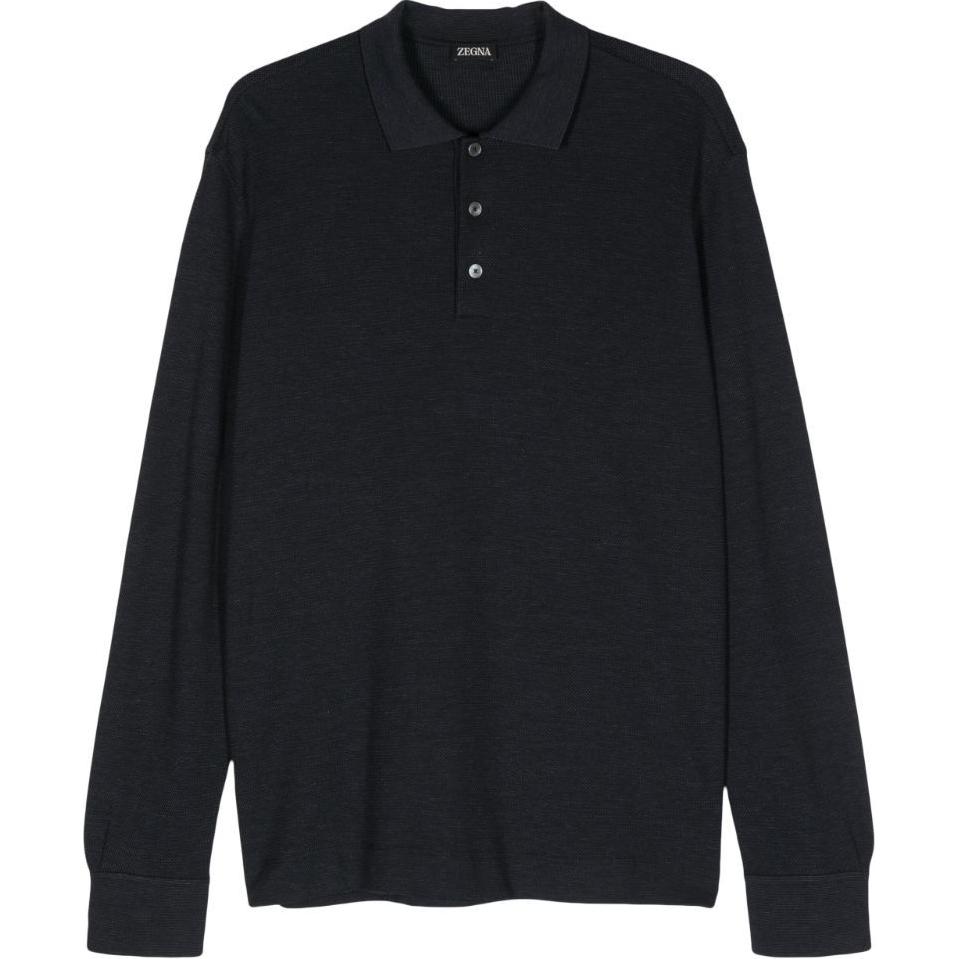 Zegna SS24 Midnight Blue Long Sleeve Polo Shirt with Side Slits for Men. UE381-A8E748-B09