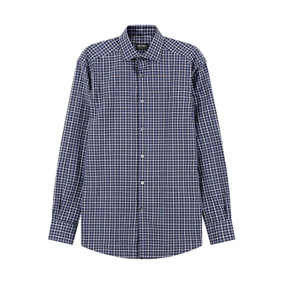 Zegna SS24 Navy Blue Checkered Long Sleeve Button-Down Shirt for Men. UDX21-A7SRF5-217