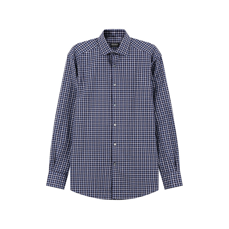 Order Zegna SS24 男士深藍色格紋長袖襯衫。 UDX21-A7SRF5-217
