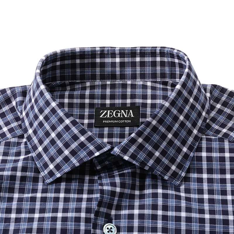 Shop Zegna SS24 男士深藍色格紋長袖襯衫。 UDX21-A7SRF5-217