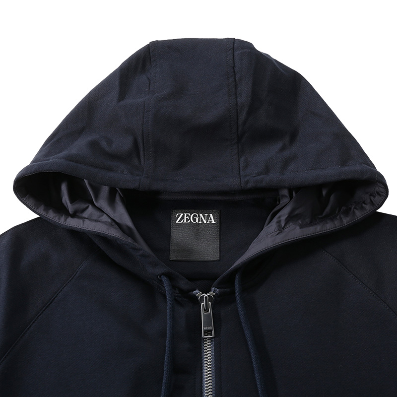 Shop Zegna 男士海軍藍棉質拉鍊連帽外套 SS24 系列. UD553-A7D859-B09