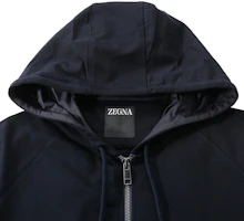 Shop Zegna 男士海軍藍棉質拉鍊連帽外套 SS24 系列. UD553-A7D859-B09