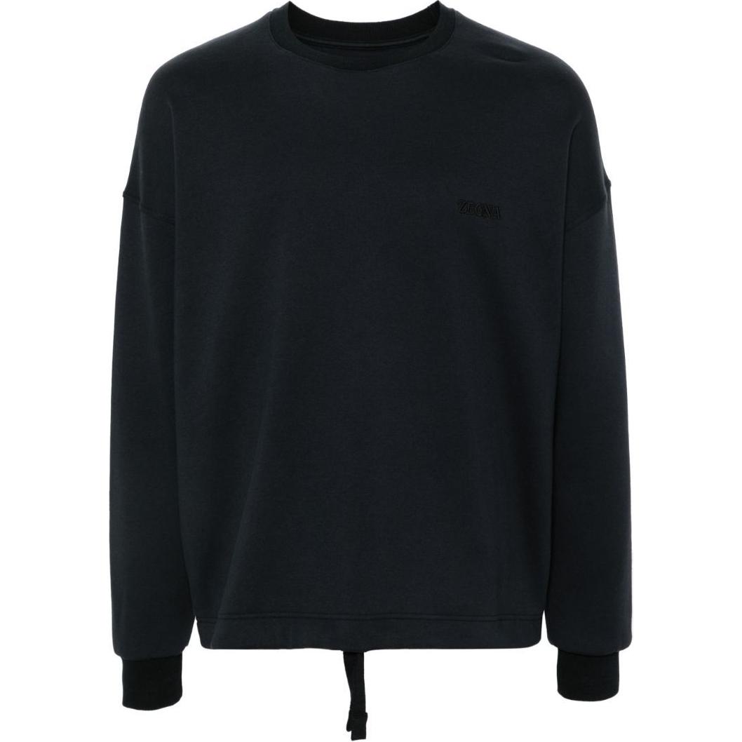 Zegna SS24 Navy Blue Logo Embroidered Crewneck Long Sleeve Sweatshirt N6MH01830-SEAMILITARYBLUE