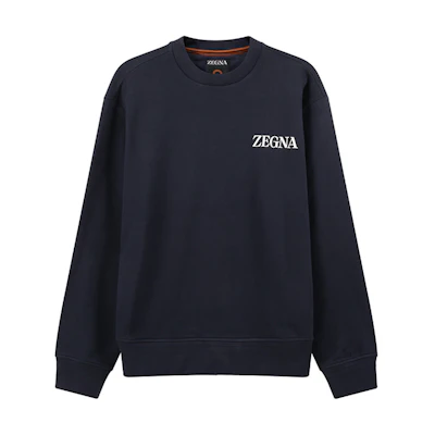 Zegna SS24 Navy Blue Logo Print Crewneck Long Sleeve Sweatshirt for Men. UD522-A7D872-B09