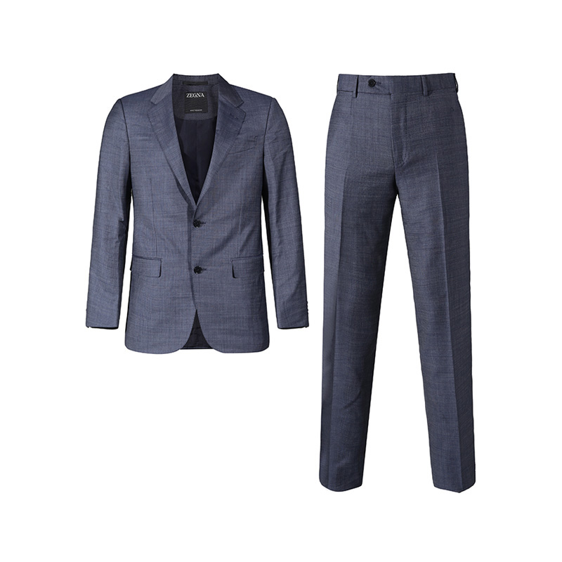 Zegna SS24 Single-Breasted Pleated Suit for Men in Gray-Blue. 72203-7A7221-225