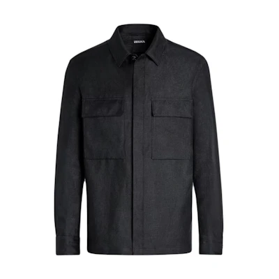 Zegna SS24 Solid Black Long-Sleeve Shirt for Men with Button-Down Design. UDV60A7-SOT10-K08