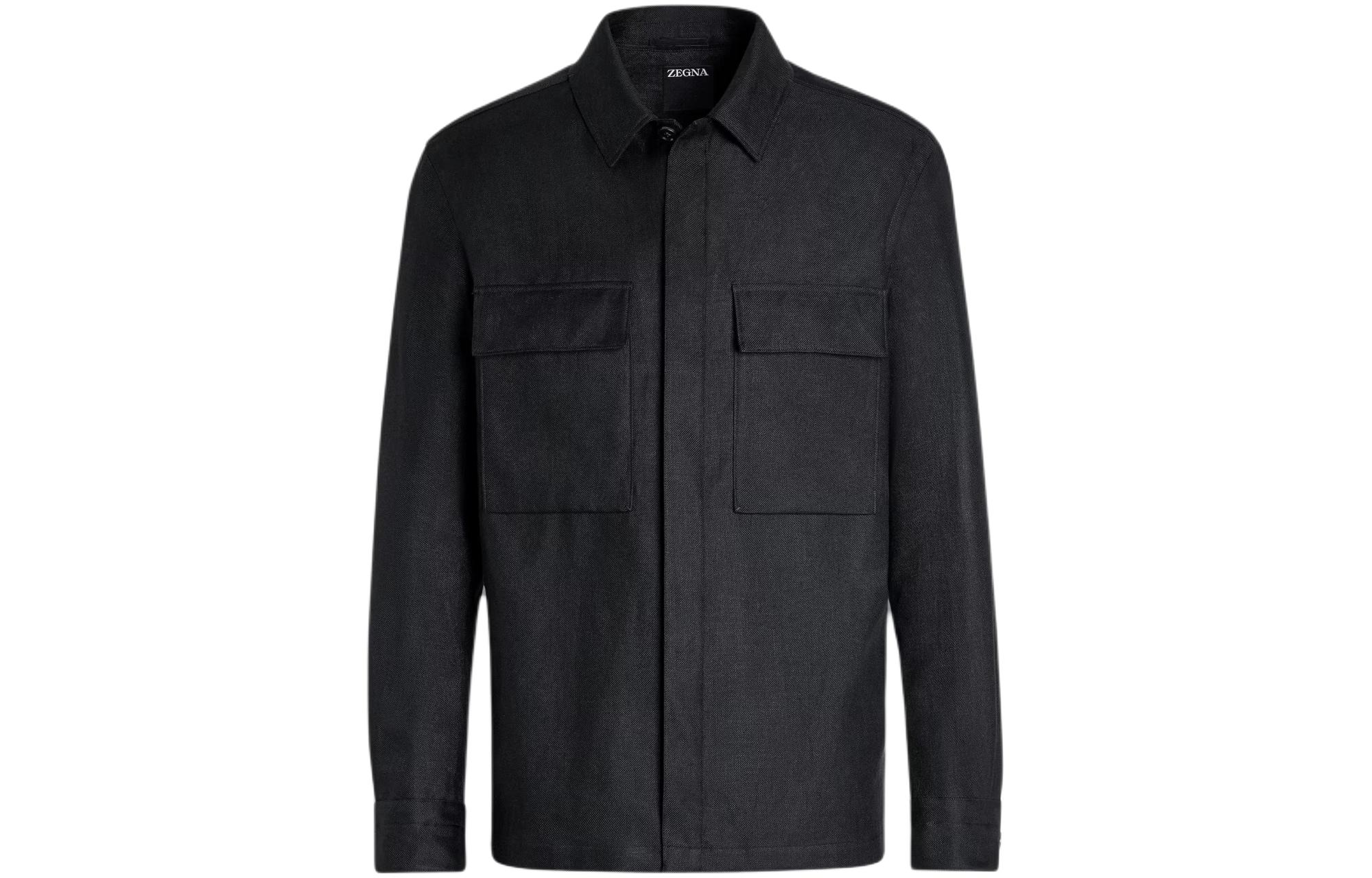 Order Zegna SS24 男士純黑色扣襟設計長袖襯衫。 UDV60A7-SOT10-K08