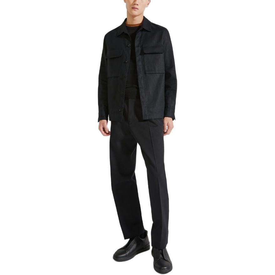 Lookbook Zegna SS24 男士純黑色扣襟設計長袖襯衫。 UDV60A7-SOT10-K08