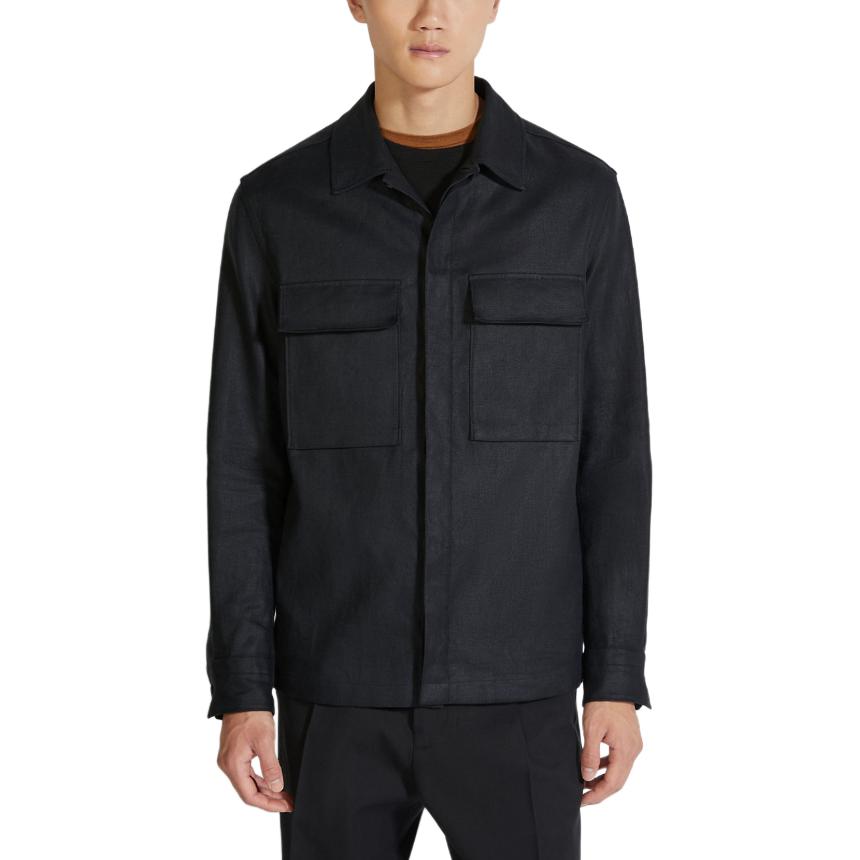 Shop Zegna SS24 男士純黑色扣襟設計長袖襯衫。 UDV60A7-SOT10-K08