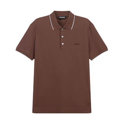 Zegna SS24 Striped Logo Slim Fit Polo Shirt Men’s Brown UD358A-7D746-M07