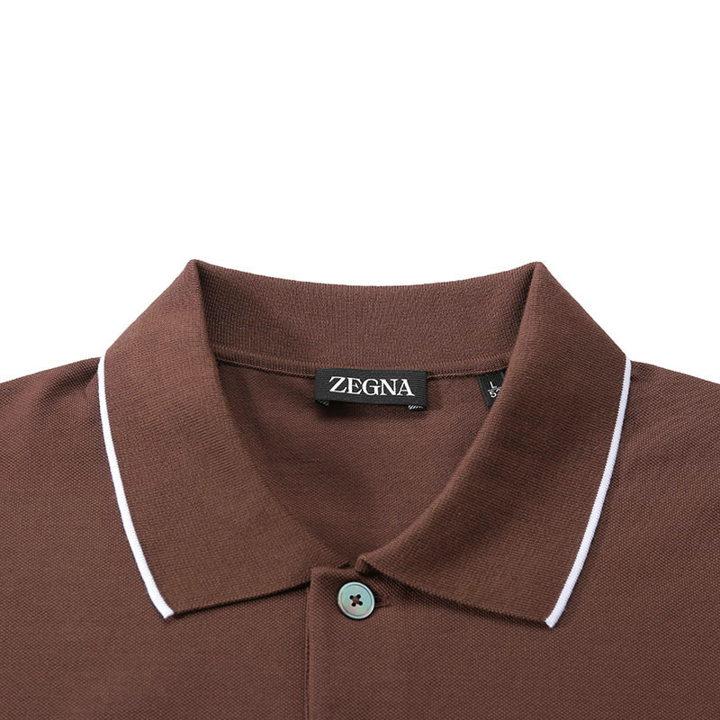 Shop Zegna SS24 條紋標誌修身剪裁男士POLO衫 棕色 UD358A-7D746-M07
