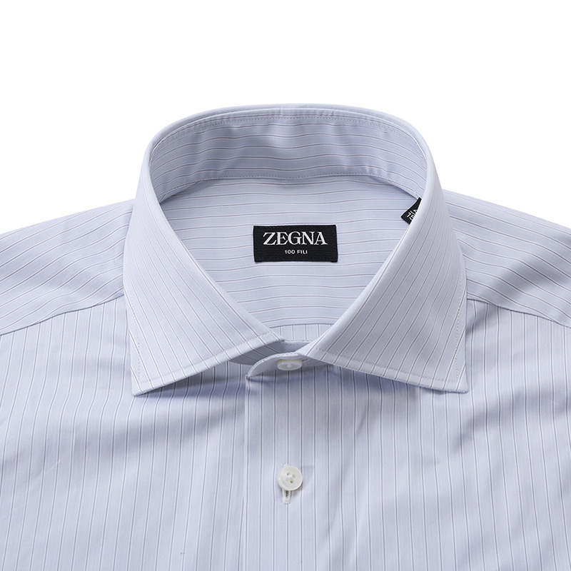 Shop Zegna SS24 條紋單排扣休閒長袖襯衫男 淺藍灰 60122-6A69MS-0BA