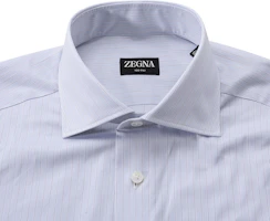 Shop Zegna SS24 條紋單排扣休閒長袖襯衫男 淺藍灰 60122-6A69MS-0BA