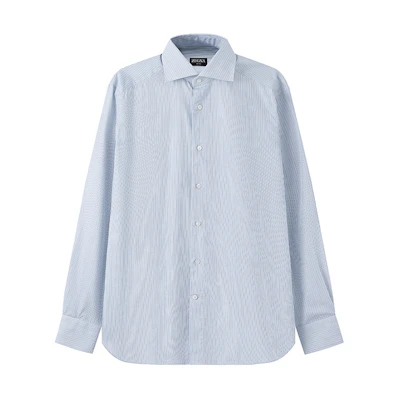 Zegna SS24 Striped Single-Breasted Long-Sleeve Shirt Sky Blue (). 60121-8A69MS-0BA