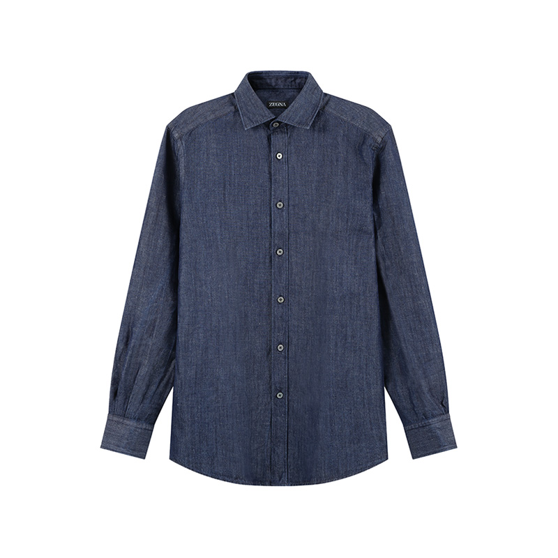 Zegna SS24 Washed Denim Blue Long Sleeve Casual Shirt for Men. UDX12-A7SRF6-190