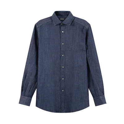 Zegna SS24 Washed Denim Blue Long Sleeve Casual Shirt for Men. UDX12-A7SRF6-190