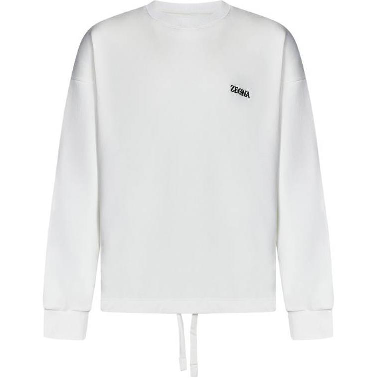 Zegna White Crewneck Sweatshirt with Embroidered Logo and Drawstring Hem N6MGI1830-105